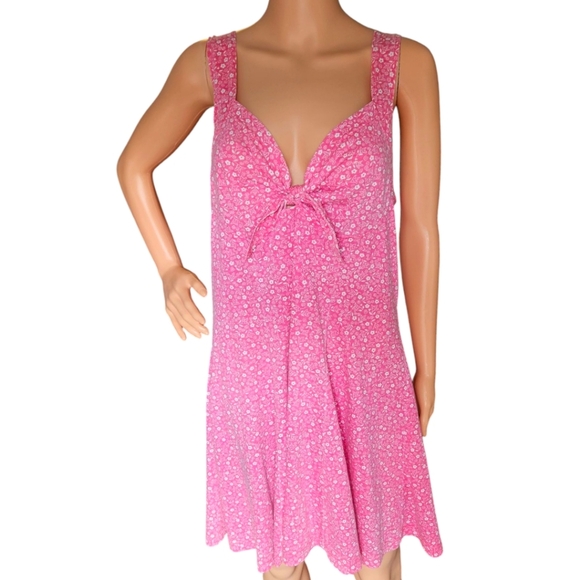 Vtg Fit & Flare Dress Ditsy Floral Pink Wmns Sz Lg Sweetheart Neck Tie Front y2k - Picture 1 of 12